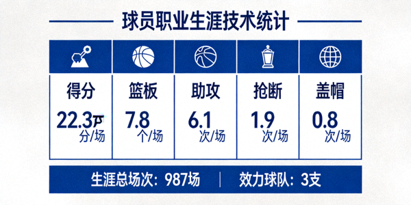 球员职业生涯数据面板，展示各项技术统计