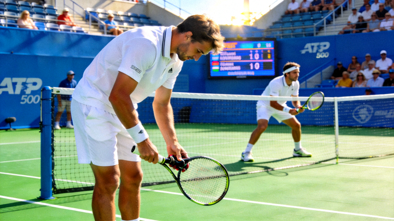 ATP网球比赛现场，球员正在准备比赛