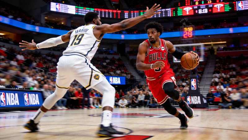 NBA篮球比赛现场，球员正在防守